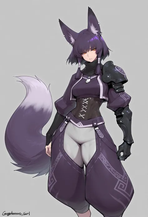 gorgeous kitsune girl, beautiful face, kitsune, hair of ash-purple color, beautiful woman, orange eyes, slit pupils, volputrous body, toned woman, curvy and athletic, fox ears, short hair, dark adventurer jacket, buggy pants, single pauldron, single vambra...