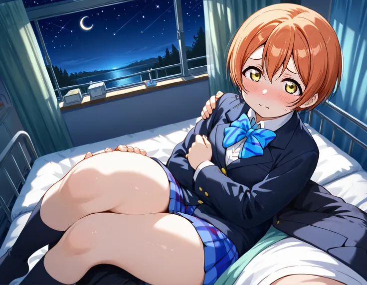 1girl, hoshizora rin, striped, short hair, blush, otonokizaka school uniform, lovelive_rin black blazer, blue plaid skirt, blue stripe bowtie, orange hair, very short hair, hair between eyes, yellow green eyes,thick thighs,knee up,crescent moon, stars (sky...