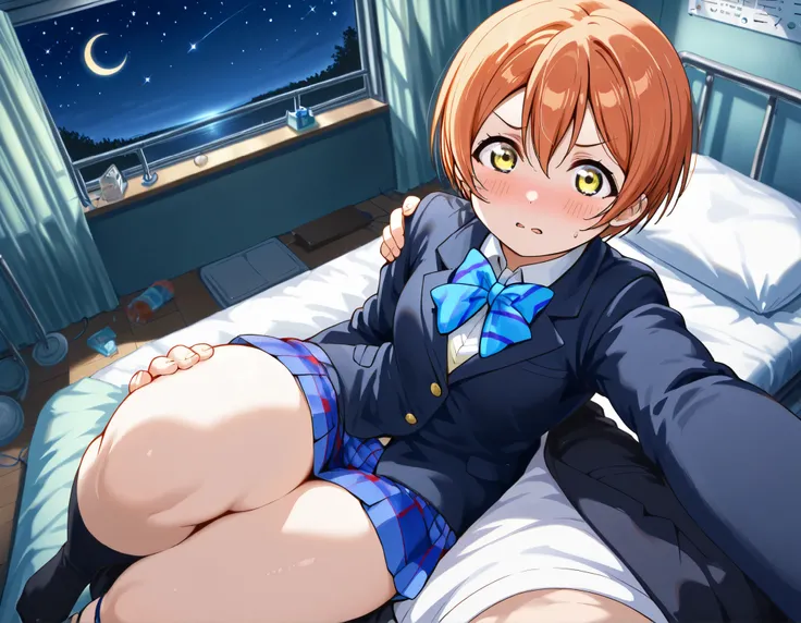 1girl, hoshizora rin, striped, short hair, blush, otonokizaka school uniform, lovelive_rin black blazer, blue plaid skirt, blue stripe bowtie, orange hair, very short hair, hair between eyes, yellow green eyes,thick thighs,knee up,crescent moon, stars (sky...