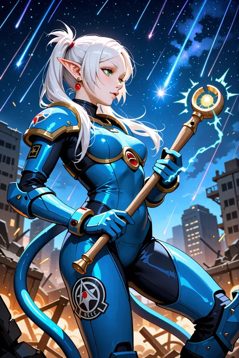 1 girl、Freelen、green eyes、white hair、twin tail、thick eyebrows、pointed ears、earrings、blue power suit、World of Warhammer、、 Ruined City of Rubble 、Night Sky、Meteor Shower、Night Skyを見上げる、Wooden Magic Wand、My body is full of dirt、profile、masterpiece、top quality...