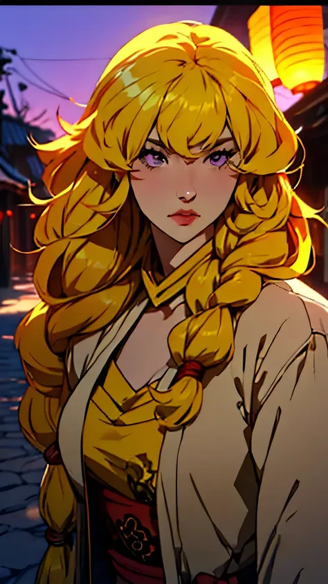 Anime-style illustration of a female walking through a village at dusk, her silhouette outlined by the warm lights of traditional lanterns hanging along the path. Her face is marked with a gentle resolve, and her traditional attire is detailed with histori...