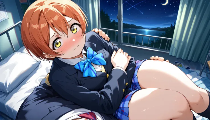 1girl, hoshizora rin, striped, short hair, blush, otonokizaka school uniform, lovelive_rin black blazer, blue plaid skirt, blue stripe bowtie, orange hair, very short hair, hair between eyes, yellow green eyes,thick thighs,knee up,crescent moon, stars (sky...