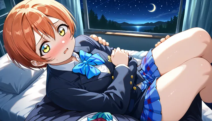 1girl, hoshizora rin, striped, short hair, blush, otonokizaka school uniform, lovelive_rin black blazer, blue plaid skirt, blue stripe bowtie, orange hair, very short hair, hair between eyes, yellow green eyes,thick thighs,knee up,crescent moon, stars (sky...