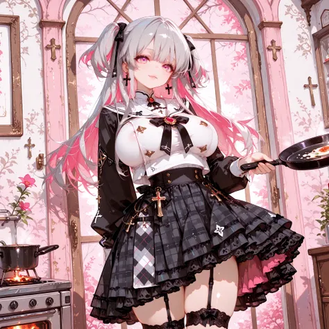 masterpiece, professional quality, CG, 8k,
  score_9, score_8_up, score_7_up, cute, solo, college age, two side up hair, gray hair,
 magenta inner hair, long hair, cross earrings  ,      Rosary     , 
  cute目, Pink Gradient Eyes,  beautiful detailed eyes ,...