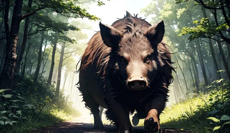 An anime-style wild boar is standing still in the middle of a narrow forest path, completely blocking the way. Its fur is a mix of brown and black, with sharp tusks and an intense, glaring expression. The background shows a dense forest under a cloudy sky,...