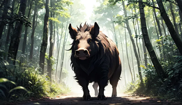 An anime-style wild boar is standing still in the middle of a narrow forest path, completely blocking the way. Its fur is a mix of brown and black, with sharp tusks and an intense, glaring expression. The background shows a dense forest under a cloudy sky,...