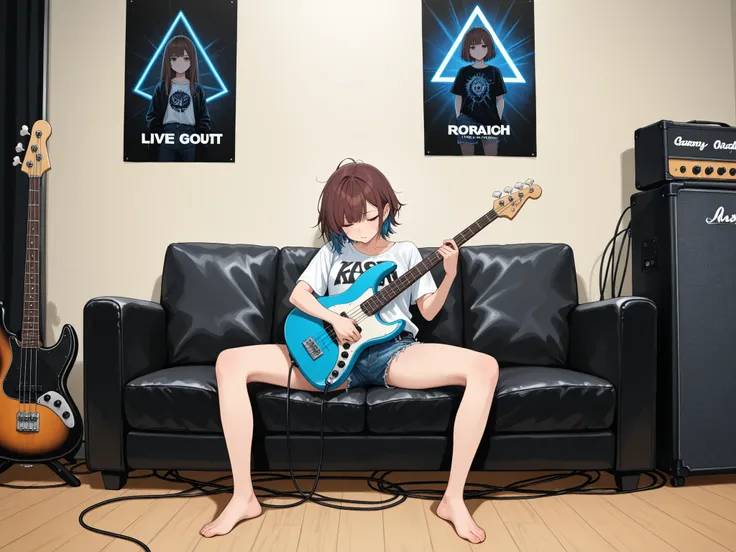 A girl deeply immersed in playing a bass guitar, lounging on a black leather sofa in a live studio backstage room. She has brown hair with sky blue mesh highlights, styled in a medium, slightly messy cut. She wears a graphic print T-shirt, denim hot pants,...