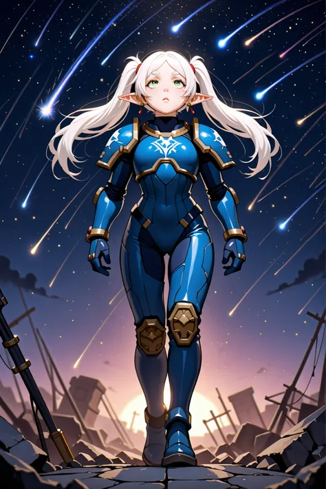1 girl、Freelen、green eyes、white hair、twin tail、thick eyebrows、pointed ears、earrings、blue power suit、World of Warhammer、Rubble Street、Night Sky、Meteor Shower、look up at the sky、Full Body、masterpiece、top quality、not fixed:1.5、