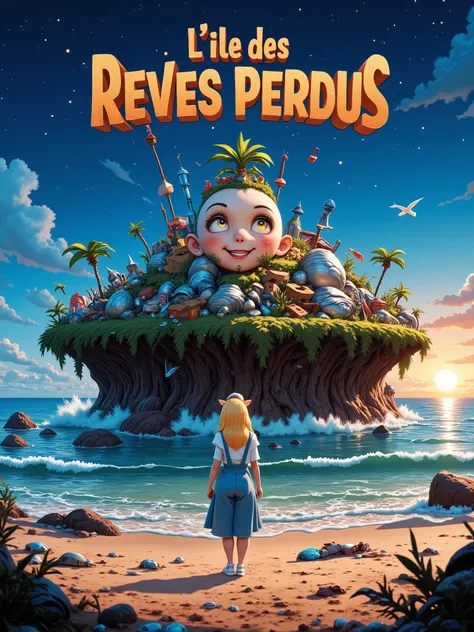 Illustration featuring the title: “L'ILE des REVES PERDUS” in waste letters, grunge 3D bold font, this title is in the sky above an island made of fishnets with many small silver fish in the center and crustaceans, coral and shellfish on the sides, at the ...