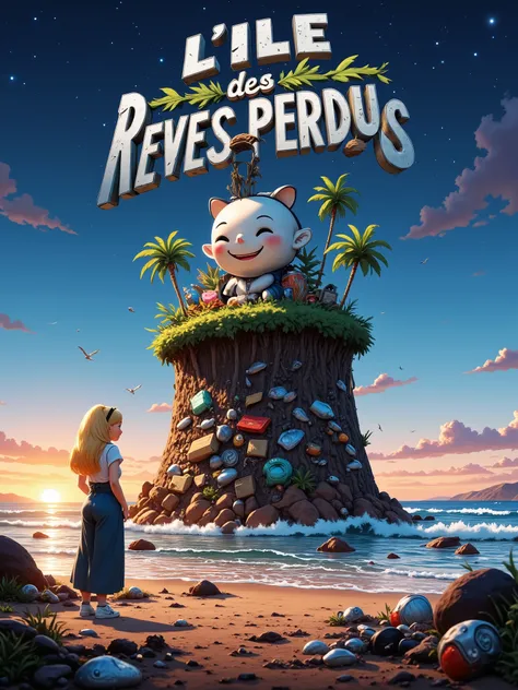 Illustration featuring the title: “L'ILE des REVES PERDUS” in waste letters, grunge 3D bold font, this title is in the sky above an island made of fishnets with many small silver fish in the center and crustaceans, coral and shellfish on the sides, at the ...