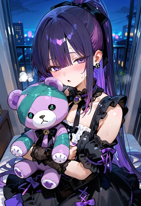 black＆purple hair。wrap my ponytail hair around my clothes。evening。sweat。Hot Face。 gothic clothes with black。Street。holding a stuffed bear