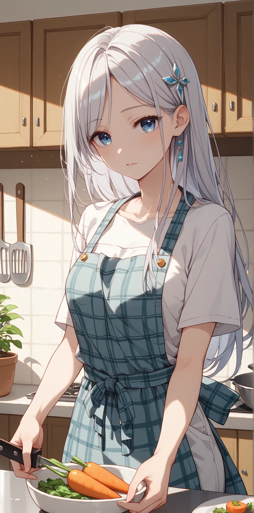 1 female female、upper body、Beautiful woman around 20 years old、long shiny silver hair、2-ply hair ornament、Kamihawa's、Slender with SMG、blue eyes、white skin、A woman with cool beauty characterized by blue eyes、long hair、straight hair、plaid apron、cutting vegetables with a kitchen knife 、simmering in a pot、The background is my kitchen 