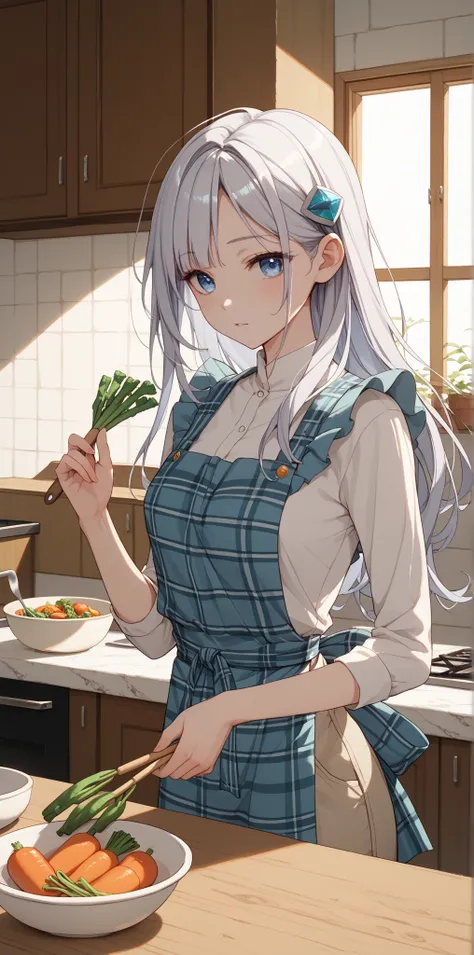 1 female female、upper body、Beautiful woman around 20 years old、long shiny silver hair、2-ply hair ornament、Kamihawa's、Slender with SMG、blue eyes、white skin、A woman with cool beauty characterized by blue eyes、long hair、straight hair、plaid apron、cutting vegetables with a kitchen knife 、simmering in a pot、The background is my kitchen 