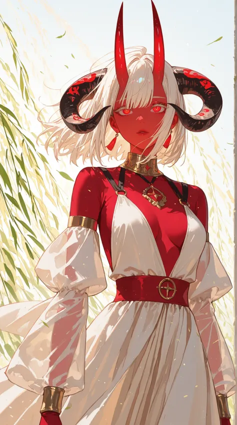 top quality, highest masterpiece, super precise depiction, womanhood, Innocent White, Concealing Horns, Red Shining Eyes, Willow fluttering in the wind,