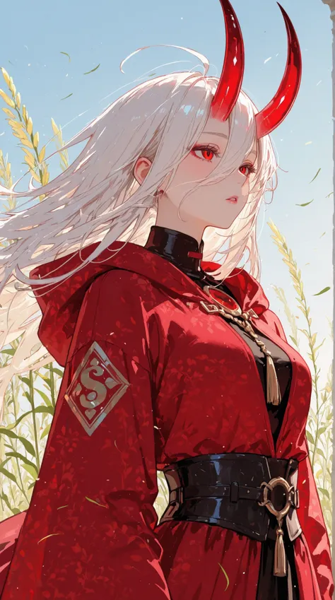 top quality, highest masterpiece, super precise depiction, womanhood, Innocent White, Concealing Horns, Red Shining Eyes, Willow fluttering in the wind,