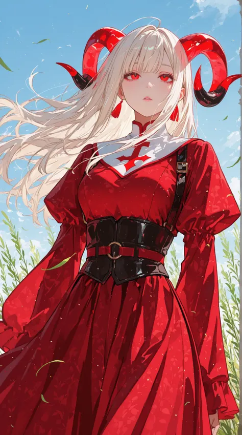 top quality, highest masterpiece, super precise depiction, womanhood, Innocent White, Concealing Horns, Red Shining Eyes, Willow fluttering in the wind,
