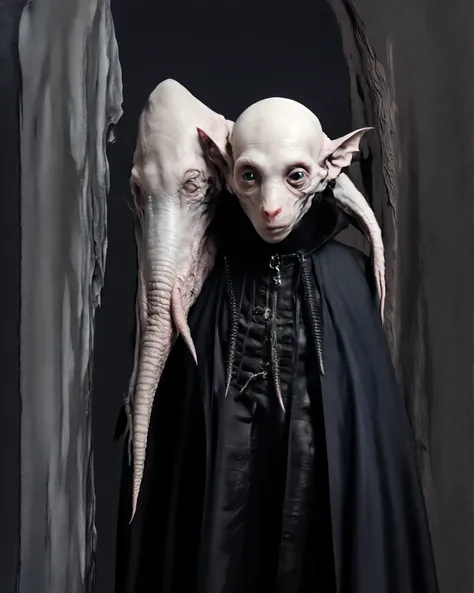 Hyperrealistic Nosferatu inspired, photography, trendy close up, Making an impossible move, perspective, dark background, strange, dead animals in a Gothic castle, leather, extreme and sinister fetish, straps and zippers, fetishist, sadomasochism, Extremel...