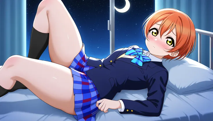 1girl, hoshizora rin, striped, short hair, blush, otonokizaka school uniform, lovelive_rin black blazer, blue plaid skirt, blue stripe bowtie, orange hair, very short hair, hair between eyes, yellow green eyes,thick thighs,knee up,crescent moon, stars (sky...