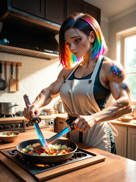 housewife, Girl in an apron, athletic muscular figure, girl cuts tomatoes with katana, kitchen scene, colorful realistic scene, detailedbest quality,4K,8K,ultra high definition,masterpiece,ultra-detailed,realistic,фотоrealistic,фото-realistic,HDR,UHD,studi...