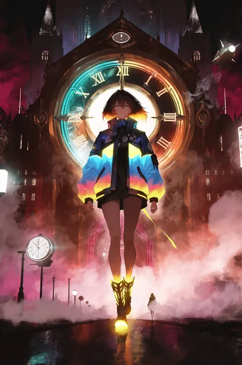 multicolored eyes, colourful glowing hair, wearing sci-fi jacket, anime style, high detail, Futurism, glowing light, UHD, retina, masterpiece, ccurate, anatomically correct, textured jacket, super detail, high details, high quality, award winning, best qua...