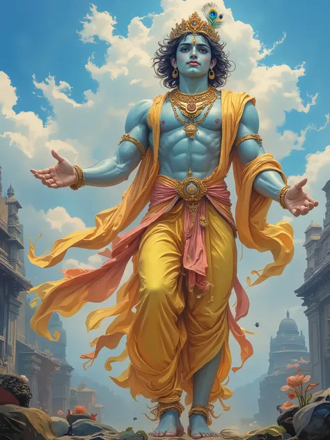 Lord krishna as a huge celestial and divine figure in the sky is in king attire, wearing yellow full sleeve robes, jewellery and crown on head, curly hair with a peacock feather in it. His clothes flowing in the background and getting blended in sky, with...
