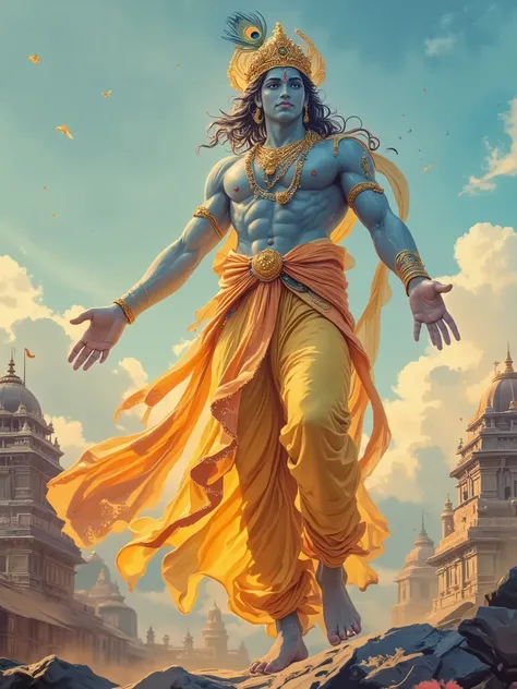 Lord krishna as a huge celestial and divine figure in the sky is in king attire, wearing yellow full sleeve robes, jewellery and crown on head, curly hair with a peacock feather in it. His clothes flowing in the background and getting blended in sky, with...