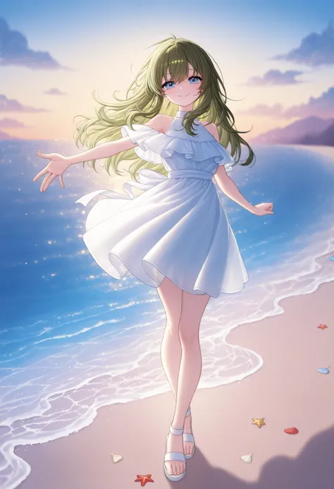 (((Female 1)))、full body、((spread arm))、Of dark green hair(((long hair)))、blue eyes、white dress、 white sandals、front view、Smile Yang、High Quality、4K resolution、super definition,brightly colored、Natural Light、lively atmosphere,((( ANIMATED))),((((Beautiful ...