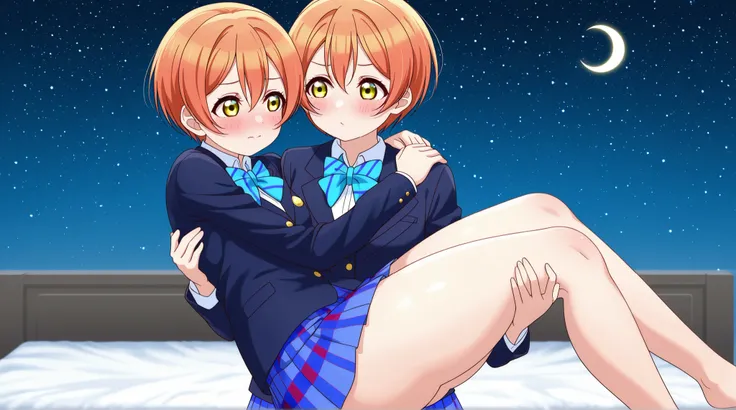 1girl, hoshizora rin, striped, short hair, blush, otonokizaka school uniform, lovelive_rin black blazer, blue plaid skirt, blue stripe bowtie, orange hair, very short hair, hair between eyes, yellow green eyes,thick thighs,knee up,crescent moon, stars (sky...