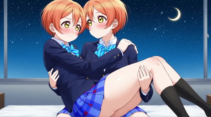 1girl, hoshizora rin, striped, short hair, blush, otonokizaka school uniform, lovelive_rin black blazer, blue plaid skirt, blue stripe bowtie, orange hair, very short hair, hair between eyes, yellow green eyes,thick thighs,knee up,crescent moon, stars (sky...
