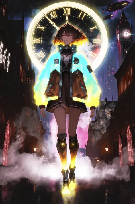 multicolored eyes, colourful glowing hair, wearing sci-fi jacket, anime style, high detail, Futurism, glowing light, UHD, retina, masterpiece, ccurate, anatomically correct, textured jacket, super detail, high details, high quality, award winning, best qua...