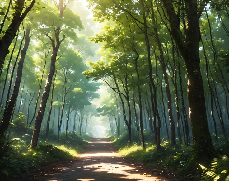 An anime-style untouched beech (Fagus) primeval forest. Tall, smooth gray-barked beech trees grow densely, their fresh green leaves forming a bright canopy. Ferns and young plants cover the forest floor, bathed in soft, dappled sunlight. The scene has a de...