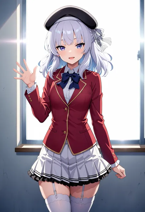  1girl, sakayanagi arisu, school uniform,, best quality, masterpiece, high quality,  highres, absurdres ,cowboy shot, walking ,morning ,glossy lips ,smile , open mouth ,waving