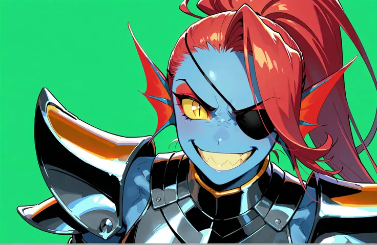Armored UndyneIL,1girl,solo,long hair,bare shoulders,red hair,ponytail,hair over one eye,colored skin,eyepatch,monster girl,colored sclera,blue skin,head fins,yellow sclera,slit pupils,wearing full grey iron undyne armor,8k,maximum quality, very angry smil...