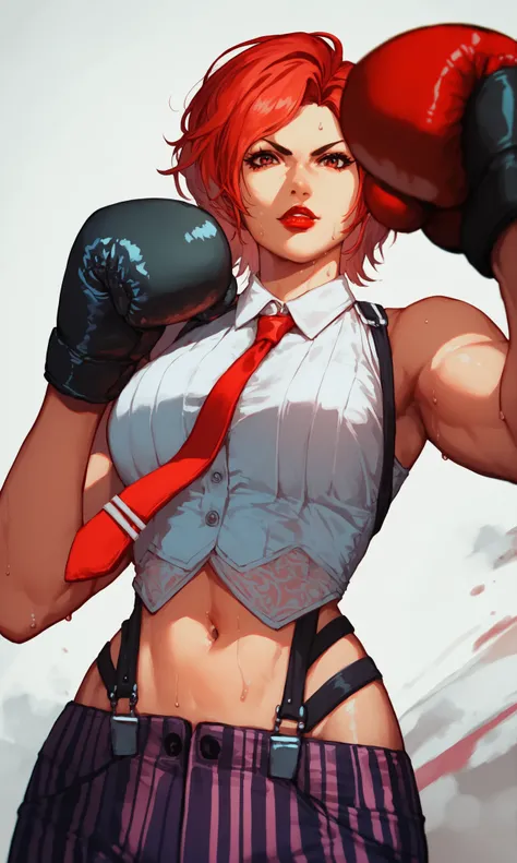score_9, score_8_up, score_7_up, score_6_up, source_anime, BREAK masterpiece, VanessaKOF, red hair, short hair, sleeveless shirt, red necktie, black gloves, striped pants, navel, suspenders, red lips, boxing stance, upper body, gym, looking at viewer, swea...