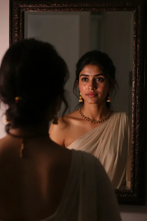 Indian girl while undressing her body in front of the mirror saw a terrible ghost in the mirror.