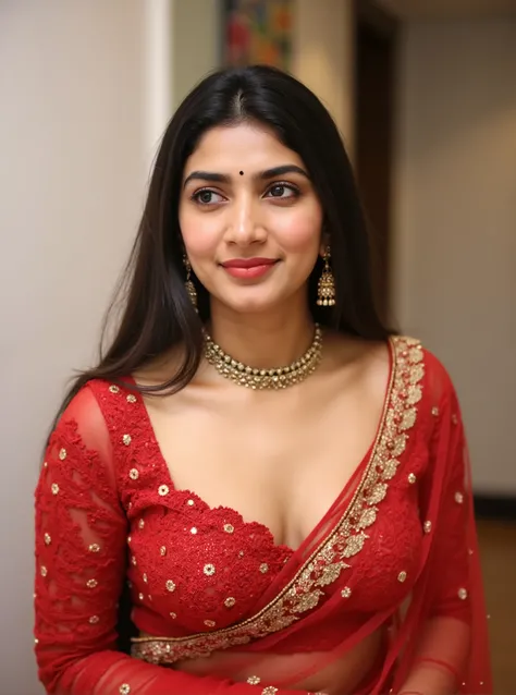 ((best quality)), ((masterpiece)), (detailed), perfect faceA sexy Indian 30 year old married woman draped in a net red saree, her large breasts peeking out from her flared blouse and her mangalsutra, her bare stomach and navel visible