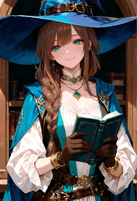 Dark Brown hair, turquoise eyes, long hair, hair in a braid, belt, cape, neckline, gloves, hat, hat belt, jewelry, necklace, pendant, blue cape, blue hat, witch, witch hat,748cmstyle, Beautiful woman, long dark brown hair, hair tied in braids, hair over th...