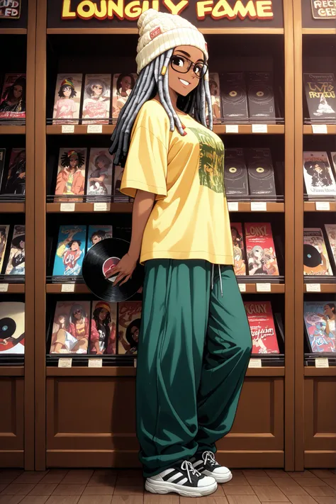 1 girl,solo,adult,beautiful girl,black eyes, dark skin,grey hair,dreadlocks, long hair,Deep-set face, glasses, intelligent,Jamaican knit hats, oversized Jamaican T-shirts, long pants, sneakers,holding,LP,reggae LP,loudly patterned LP jackets,reggae,masterp...