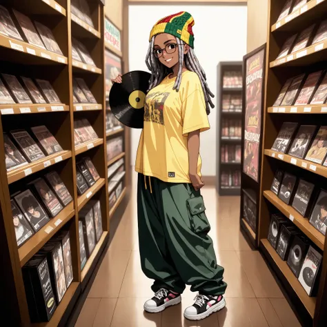 1 girl,solo,adult,beautiful girl,black eyes, dark skin,grey hair,dreadlocks, long hair,Deep-set face, glasses, intelligent,Jamaican knit hats, oversized Jamaican T-shirts, long pants, sneakers,holding,LP,reggae LP,loudly patterned LP jackets,reggae,masterp...