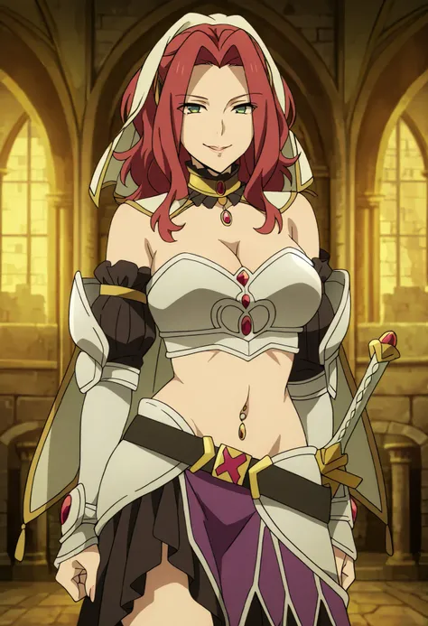 masterpiece, anime coloring, newest,   Malty S Melromarc, Main Outfit, solo, looking at viewer, castle,inside castle, masterpiece, best quality, highly detailed ,gold_choker, complex detailed
background, inside, holding a sword, sword,harem_outfit,navel, n...