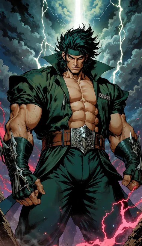 A middle-aged man, dark green long hair, wildly disheveled and exaggerated hairstyle, a headband, no eyebrows, a stern gaze, a well-defined facial structure, a tall and muscular physique, a fantasy-realistic style outfit, only a half-length windbreaker coa...