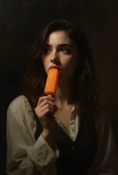 A woman with curly hair eating a popsicle, gazing slightly upward with soft, contemplative eyes. Inspired by Caravaggio, painted in dramatic chiaroscuro lighting – intense contrast between light and shadow. The scene is dark and intimate, lit by a single h...
