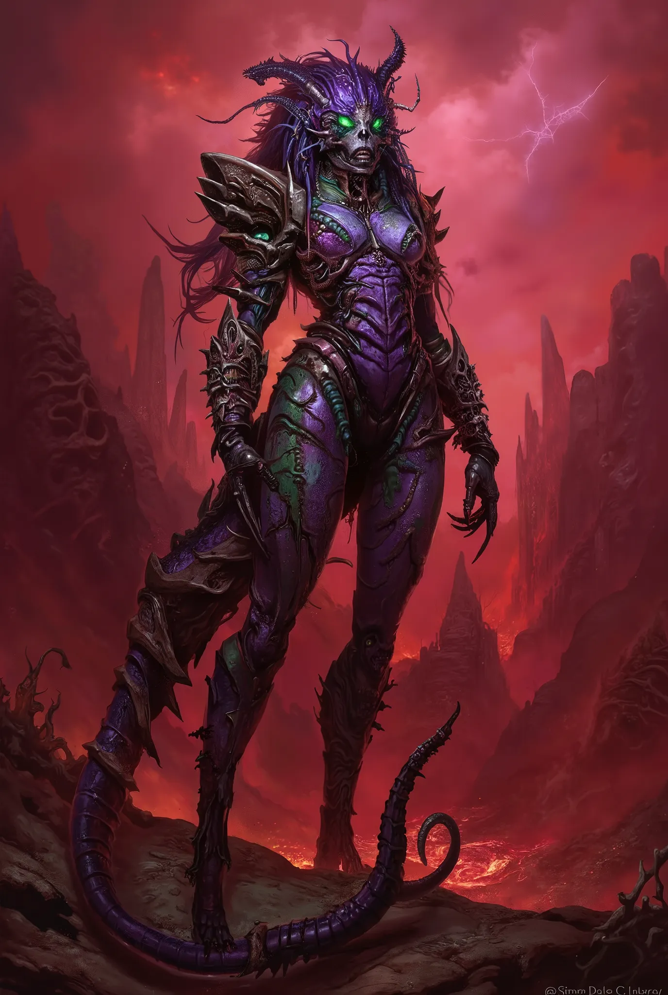 A terrifying and majestic female demon queen with a fully transformed biomechanical body — her form is covered in purple and green chitinous armor, organic scales, and ridged tendrils, giving her a fusion of insectoid and reptilian elegance — glowing emera...