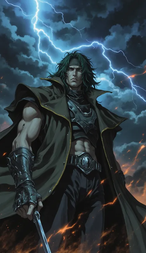 A hyper-detailed, cinematic digital painting in the dark fantasy style of Kentaro Miura, capturing a formidable middle-aged overlord. The character has wildly disheveled, long dark green hair and a stern gaze from a face with a headband and no eyebrows. He...