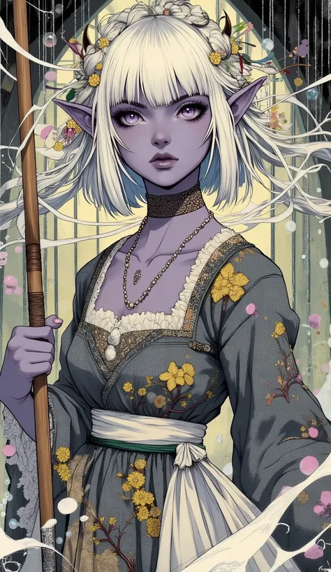 (A fusion of Ukiyo-e and dark fantasy. Aesthetic and gothic digital art. The illustration is drawn from a viewpoint looking up at a woman from a low position.) BREAK 
(White hair. Blunt bangs. White eyebrows. Long white eyelashes. Almond-shaped eyes. Laven...