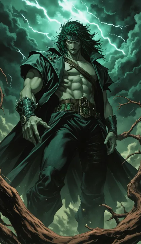 Cinematic concept art of a powerful, middle-aged fantasy overlord with a god-like presence. He has wildly disheveled, long dark green hair held back by a headband, an intense and stern gaze, no eyebrows, and a chiseled, well-defined facial structure. His p...
