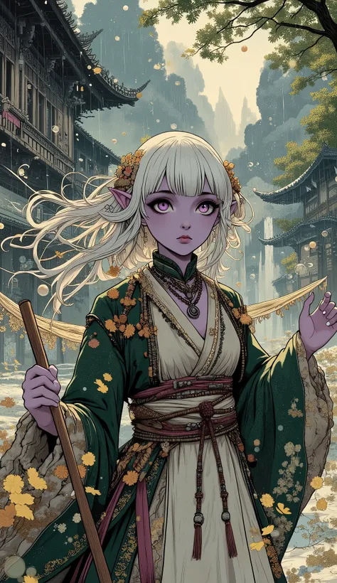 (A fusion of Ukiyo-e and dark fantasy. Aesthetic and gothic digital art. The illustration is drawn from a viewpoint looking up at a woman from a low position.) BREAK 
(White hair. Blunt bangs. White eyebrows. Long white eyelashes. Almond-shaped eyes. Laven...