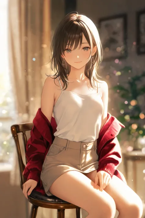 ((small round chair:1.5)),Woman sits with legs spread、small beautiful breasts、((Trendy clothes:1.5))、4K high definition、Realistic Details 、Professional Quality、HDR、Studio Lighting、vivid colors、Bokeh、Elegant portrait、In natural light