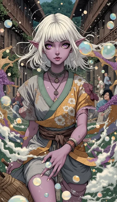 (A fusion of Ukiyo-e and dark fantasy. Aesthetic and gothic digital art. The illustration is drawn from a viewpoint looking up at a woman from a low position.) BREAK 
(White hair. Blunt bangs. White eyebrows. Long white eyelashes. Almond-shaped eyes. Laven...