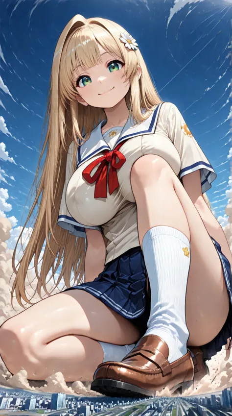 score_9_up, score_8_up, score_7_up, (super super close sitting on the ground, Foot Closest), 1girl, solo, (Japanese high school girl, very super big boobs, semi-long hair, bangs, stupid hair, hair intake , green eyes , summer schoolgirl uniform , Miniskir...